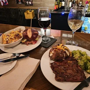 Sirloin steak and pulled pork pretzel sandwich