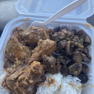 Chicken adobo, grilled pork and rice