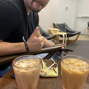 Lemon chili iced latte and an oat milk iced latte