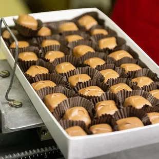 a tray of chocolates on a conveyor belt
