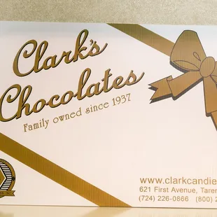 a business card for clark's chocolate