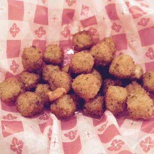 Fried cheese balls. Aww yeeeah! Little balls of tangy, gooey joy.