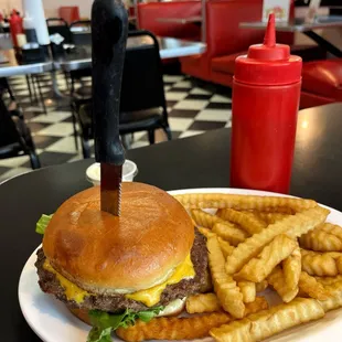 a cheeseburger and fries