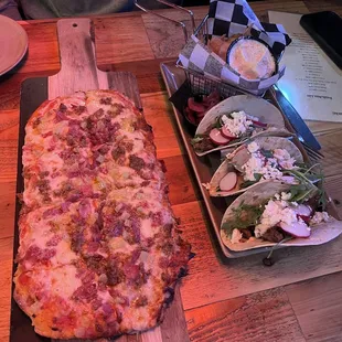 Diavolo meat pizza &amp; carne asada tacos