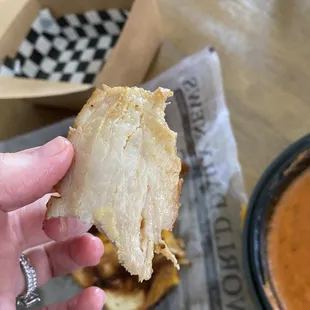 The pork belly was not crispy, just tasted like fatty, undercooked bacon. I gave it to the dogs, but the grilled cheese and soup were good.