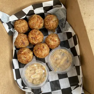 Bacon cheddar tots with spicy aioli. So good! It tasted a little like a fritter, not super potato-y, which was great!