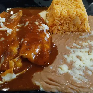 Lunch Cheese Enchiladas, Mexican Rice, Refried Beans