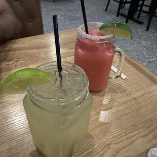 Lime margarita on the rocks, and strawberry frozen margarita ($3.25 on Tuesdays and Thursdays)