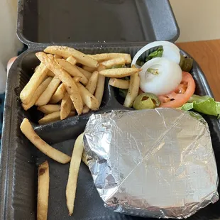 Semi-soggy fries and big chunks of onion
