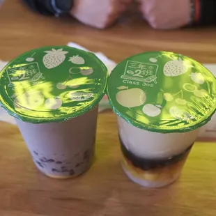 Build your own boba Left: taro milk tea + toppings Right: guava lychee slushy + toppings