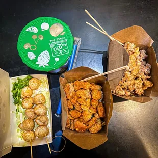 Cumin chicken, popcorn chicken, squid balls, and honey milk tea.