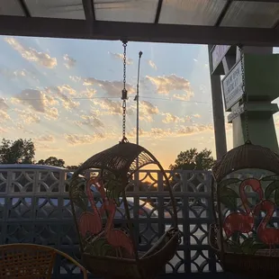 Flamingo hanging chairs on the Superette patio!
