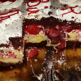 The inside of the Bananas Split cake.  Moist and delicious with fresh strawberries and bananas.