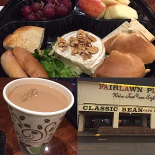 Delicious baked Brie with a toasted bagel and fresh fruit. Yum!