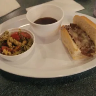 Skimpy meat Maestro sandwich and dry pasta salad