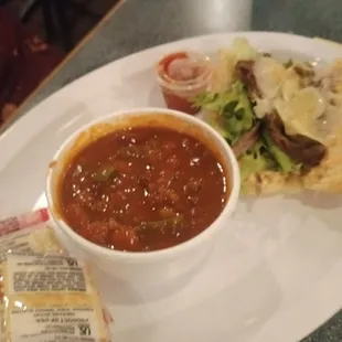 Alverez sandwich and a cup of chili that was mostly beans