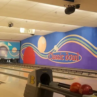 a bowling alley with bowling lanes
