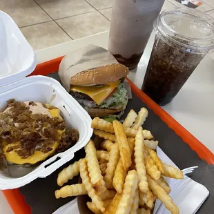 A Classic Dbl Bacon Cheeseburger combo fries &amp; Pepsi $11.99 and chocolate shake $7, for him, Keto Lava Burger for me $9.39. I'M dieting! ;-)