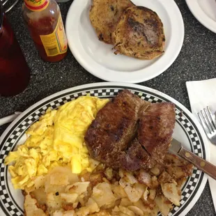 Steak, eggs, potatoes n raisin muffin. All for less than $10