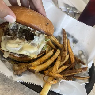 Mushroom burger with a side of fries