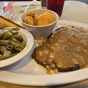 Liver &amp; onions with green beans and corn nuggets