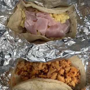 Egg and ham with beans and a chorizo and ham with beans tacos