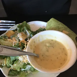 Salad, broccoli cheddar soup and 1/2 turkey-ham wrap