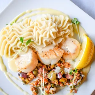scallops, pasta, and vegetables on a white plate