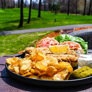 a plate of food on a picnic table