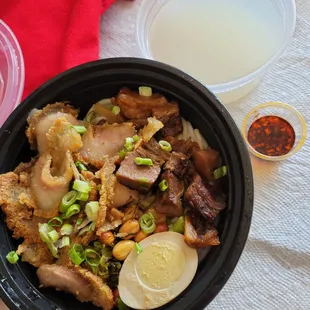 Large Beef Tripe and Crispy Pork,  broth, and chili oil