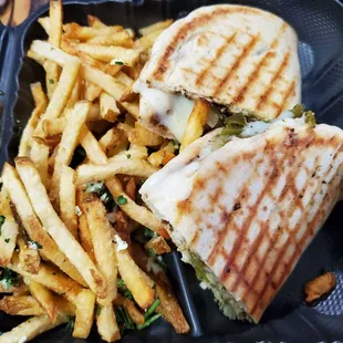 Chicken pesto pita witg garlic fries