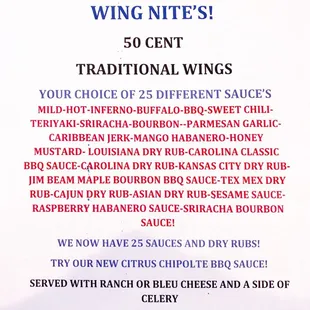 Wing Night menu (2/14/19).