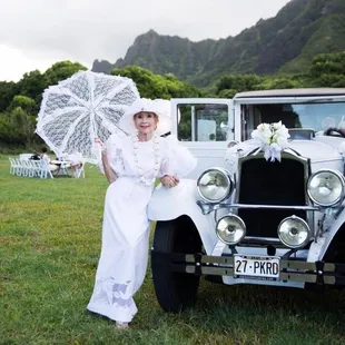 Classy lady in classic limo at beautiful Kualoa Ranch - Hawaii