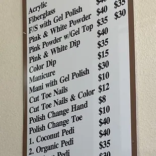 Pricing menu