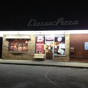 Outside view at night.