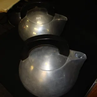 Not one...but TWO...1930s aluminum art deco Magnalite tea kettles made by Wagner Ware.