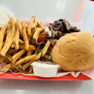 Mushroom burger with fries