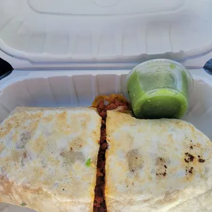 Chorizo burrito. Green salsa.