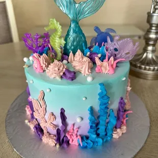 A back side view of my daughter's adorable mermaid-themed birthday cake. Delicious!! ‍