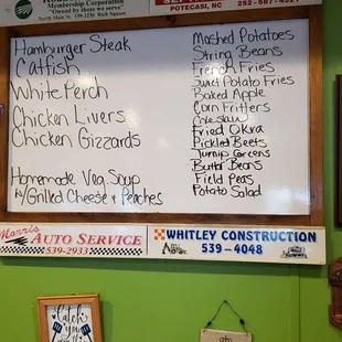 Specials of the day. Side orders.
