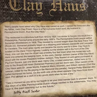 History of the building and restaurant.