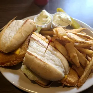 Fish tail sandwich with cheese &amp; fries. Great sandwich good service any time we've been there