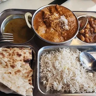 Chicken Coconut Curry + Tali (added naan, dal, rice, and vegetable curry of the day)