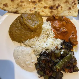 Eggplant curry, mushrooms in tikka masala sauce, okra, rice, yogurt sauce and plain naan