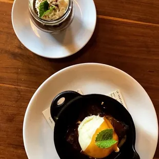 Chocolate coffee Pot de creme and date cake with house made vanilla ice cream and a wonderful caramel like sauce