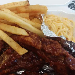 4 piece fried rib plate (honey bbq sauce), french fries, and baked spaghetti