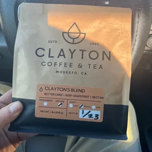 Clayton Blend  A low acid medium roast.  Course ground for a French press.  Delicious
