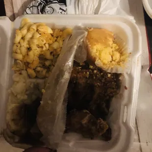 Smothered Turkey Chops,Mac and cheese, mashed potatoes and gravy.