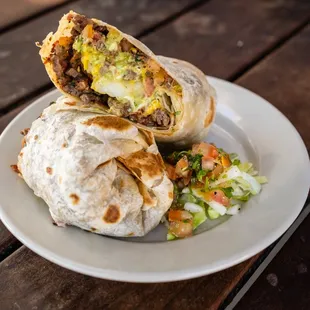 Coronado Burrito:  Carne Asada, Shrimp, Guacamole, Lettuce and Pico