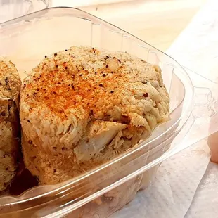 2 huge crab cakes (no fillers), and fresh halibut.  Pricey, delicious and fresh.